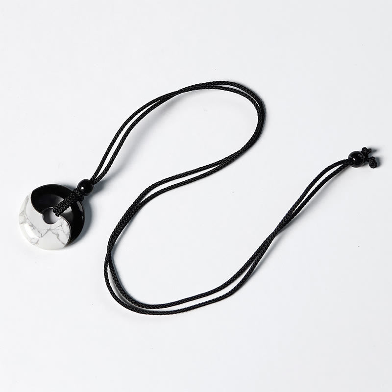 Nimara Ritual Natural Black Obsidian White Turquoise Yin Yang Peace Buckle Design Braided String Strength Necklace Pendant