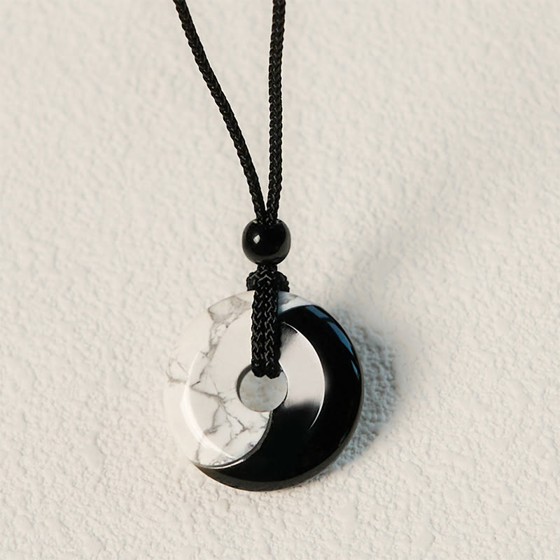 Nimara Ritual Natural Black Obsidian White Turquoise Yin Yang Peace Buckle Design Braided String Strength Necklace Pendant