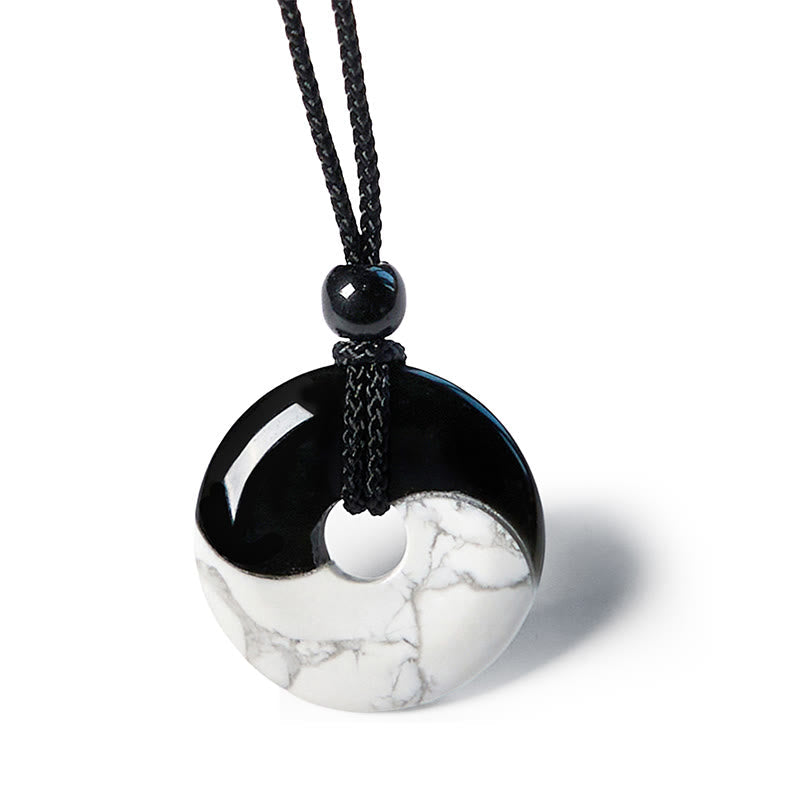 Nimara Ritual Natural Black Obsidian White Turquoise Yin Yang Peace Buckle Design Braided String Strength Necklace Pendant