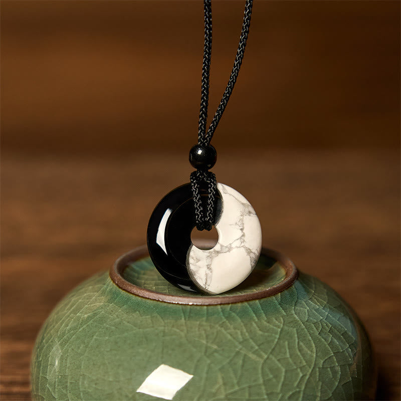 Nimara Ritual Natural Black Obsidian White Turquoise Yin Yang Peace Buckle Design Braided String Strength Necklace Pendant