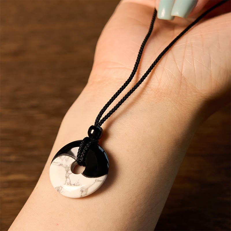 Nimara Ritual Natural Black Obsidian White Turquoise Yin Yang Peace Buckle Design Braided String Strength Necklace Pendant