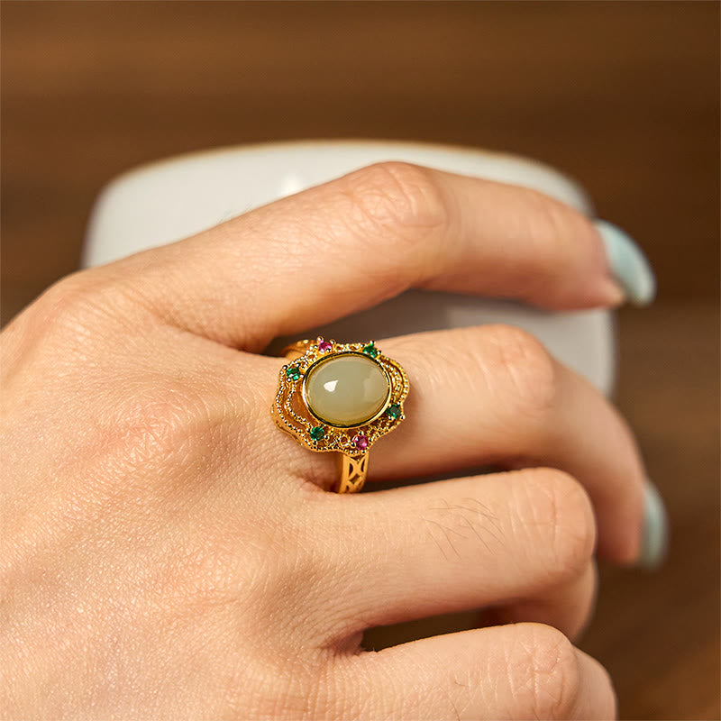 Nimara Ritual Natural Hetian Jade Egg Hollow Pattern Copper Open Luck Ring