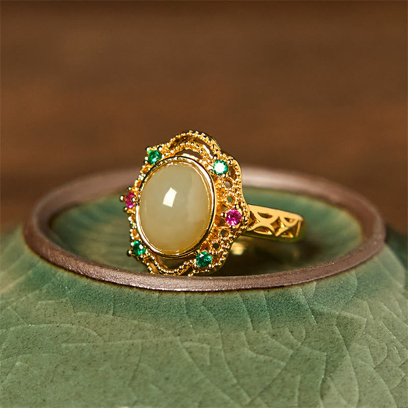Nimara Ritual Natural Hetian Jade Egg Hollow Pattern Copper Open Luck Ring