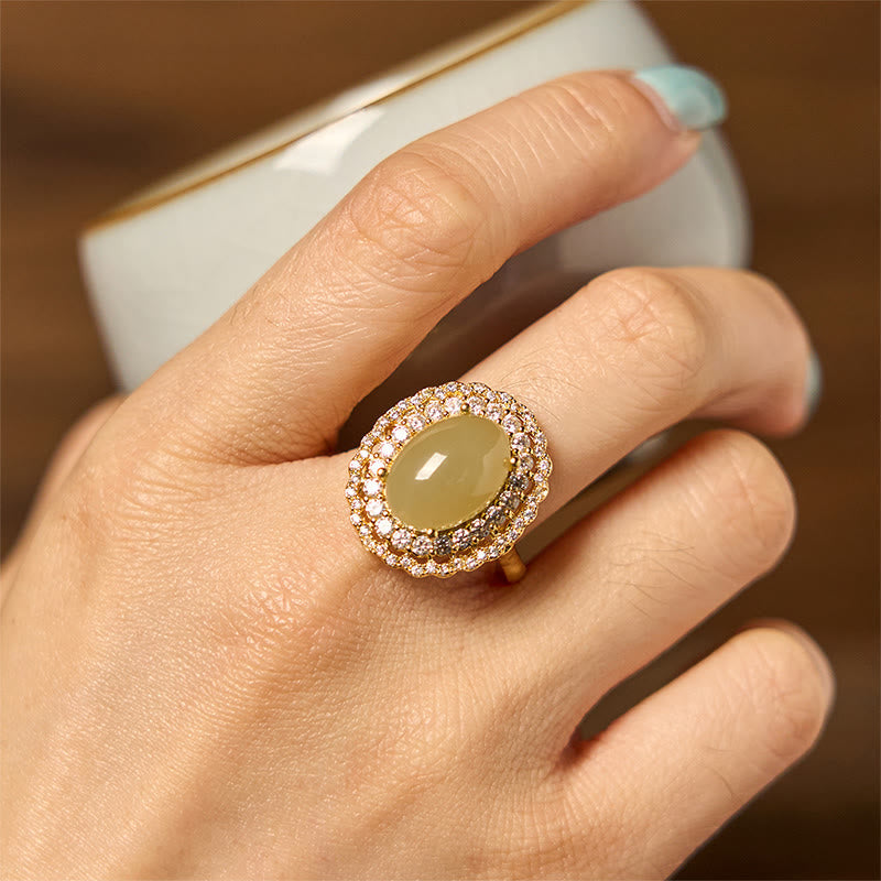 Nimara Ritual Natural Hetian Jade Egg Hollow Double Circle Zirconia Copper Open Abundance Ring