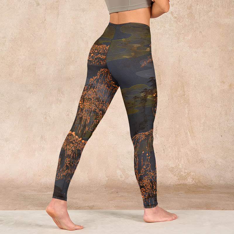 Nimara Ritual Golden Mountains Clouds Print Gym Leggings Women's Yoga Pants
