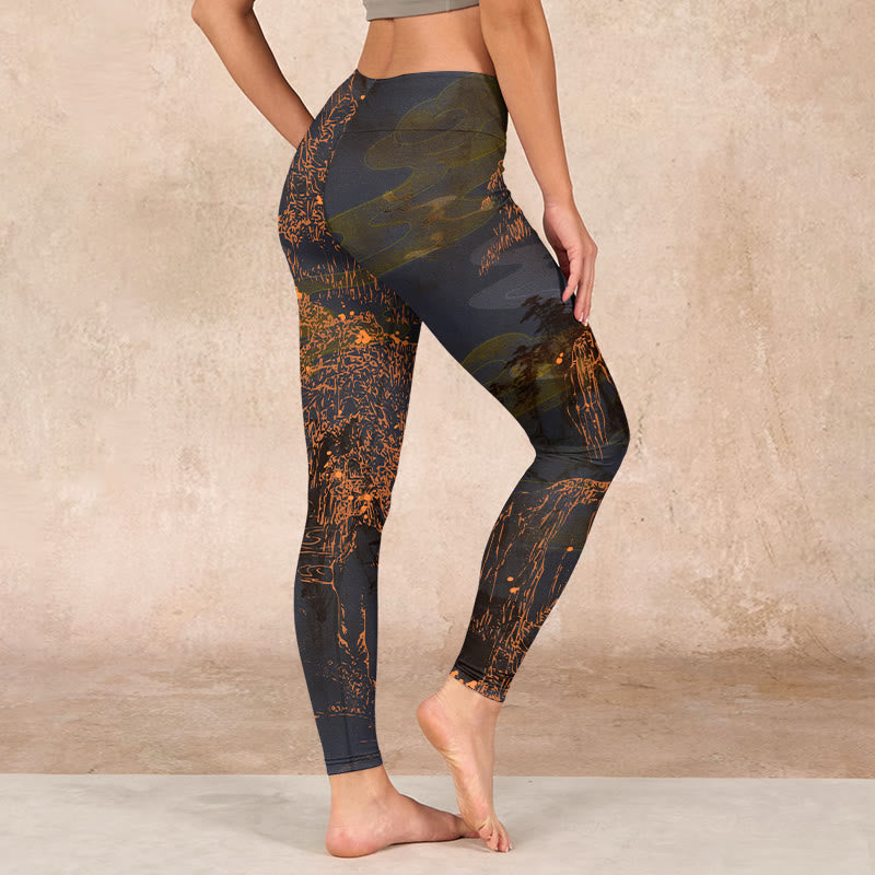 Nimara Ritual Golden Mountains Clouds Print Gym Leggings Women's Yoga Pants