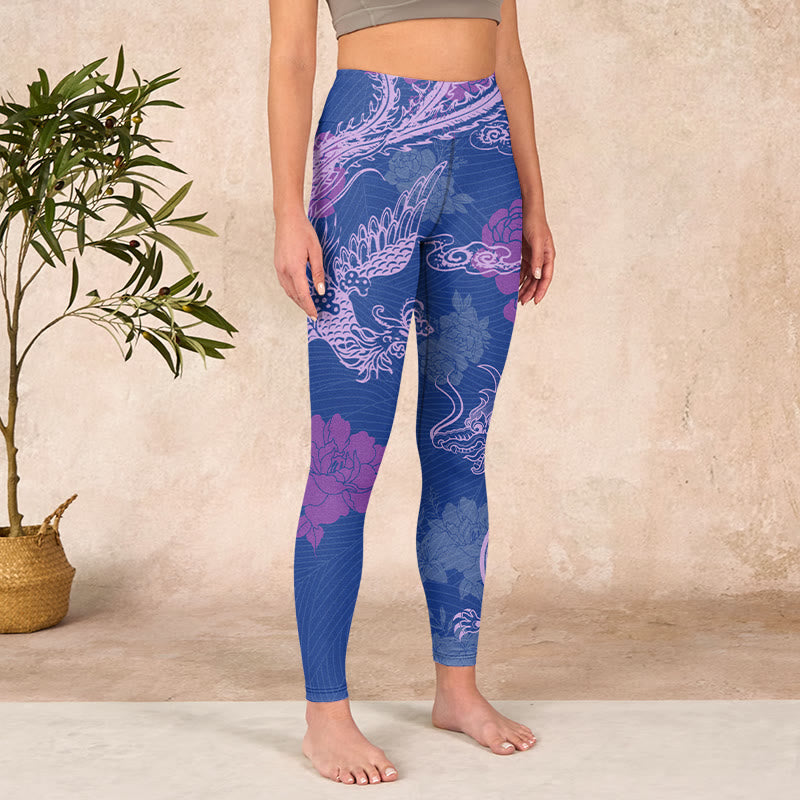 Nimara Ritual Purple Dragon Phoenix Flowers Print Gym Leggings Women's Yoga Pants