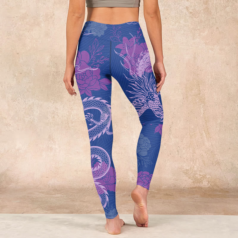 Nimara Ritual Purple Dragon Phoenix Flowers Print Gym Leggings Women's Yoga Pants