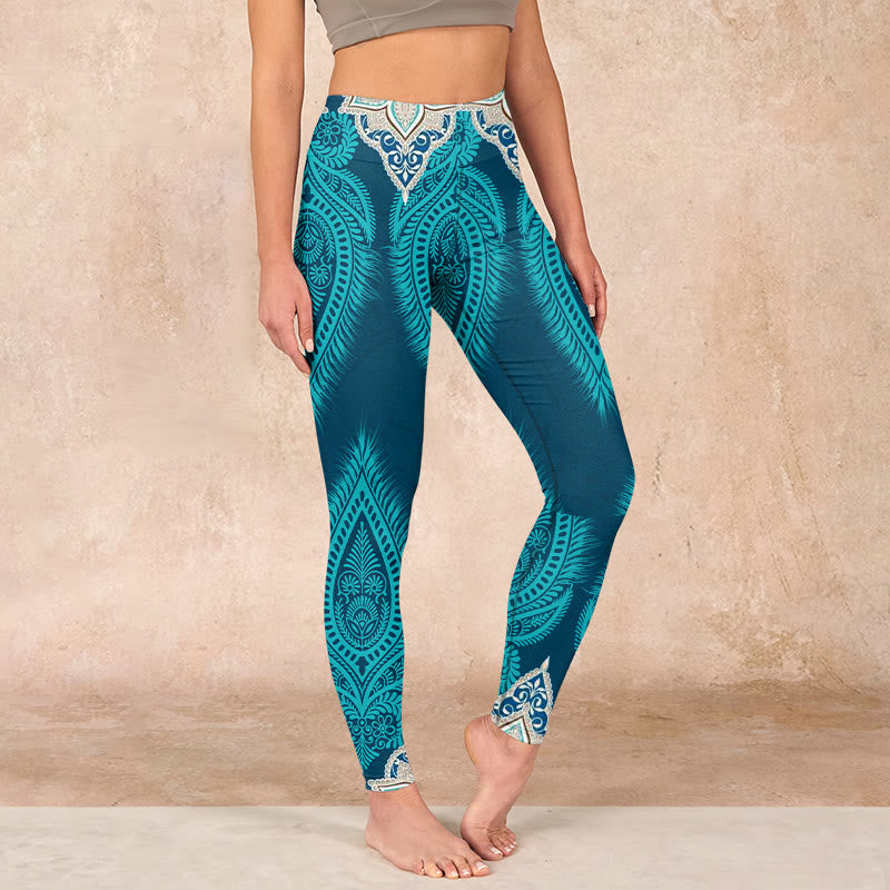 Nimara Ritual Green Feather Flower Print Gym Fitness Leggings Women's Yoga Pants