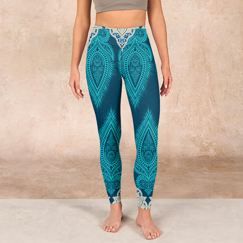 Nimara Ritual Green Feather Flower Print Gym Fitness Leggings Women's Yoga Pants