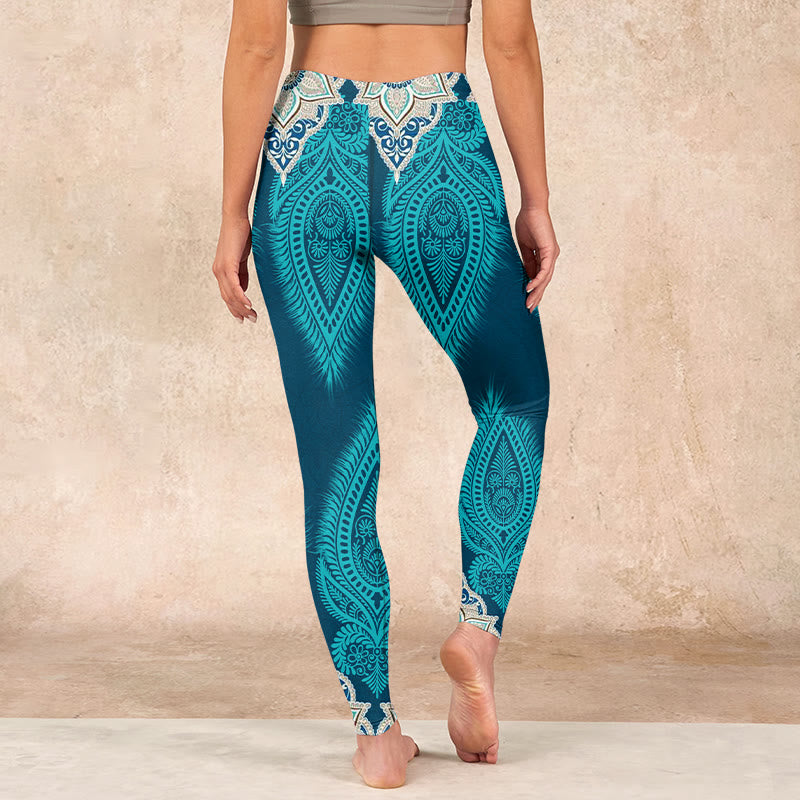 Nimara Ritual Green Feather Flower Print Gym Fitness Leggings Women's Yoga Pants