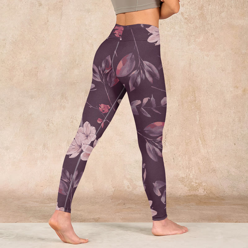 Nimara Ritual Purple White Flowers Leaves Blossom Print Gym Fitness Leggings Women's Yoga Pants