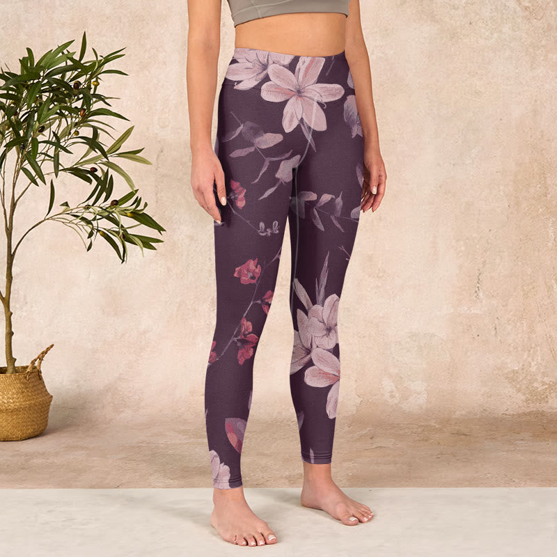 Nimara Ritual Purple White Flowers Leaves Blossom Print Gym Fitness Leggings Women's Yoga Pants