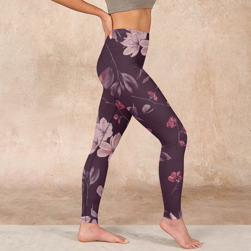 Nimara Ritual Purple White Flowers Leaves Blossom Print Gym Fitness Leggings Women's Yoga Pants