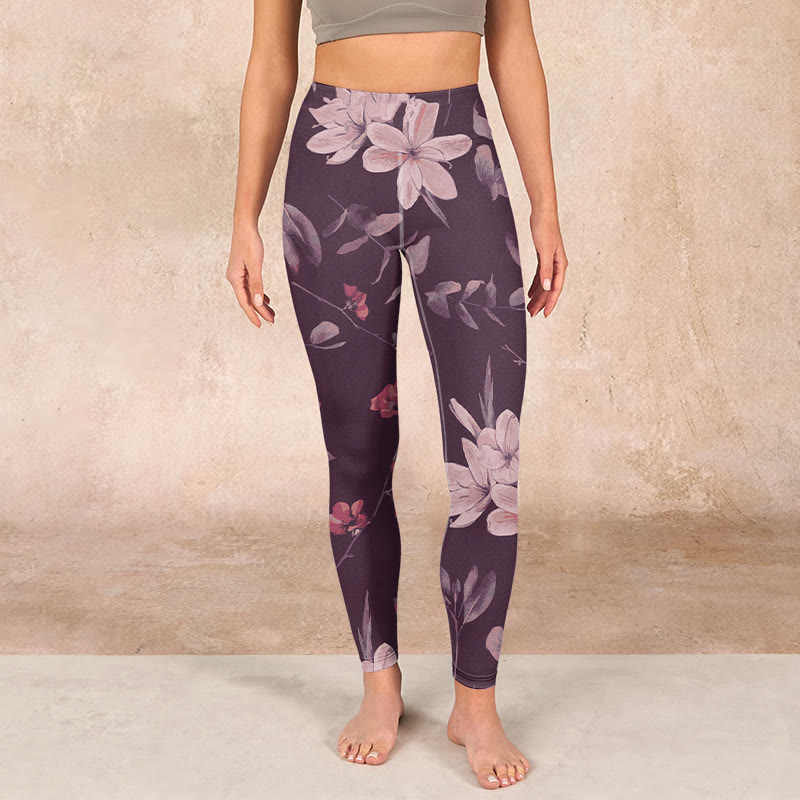 Nimara Ritual Purple White Flowers Leaves Blossom Print Gym Fitness Leggings Women's Yoga Pants