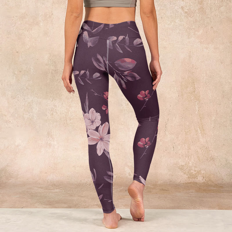 Nimara Ritual Purple White Flowers Leaves Blossom Print Gym Fitness Leggings Women's Yoga Pants