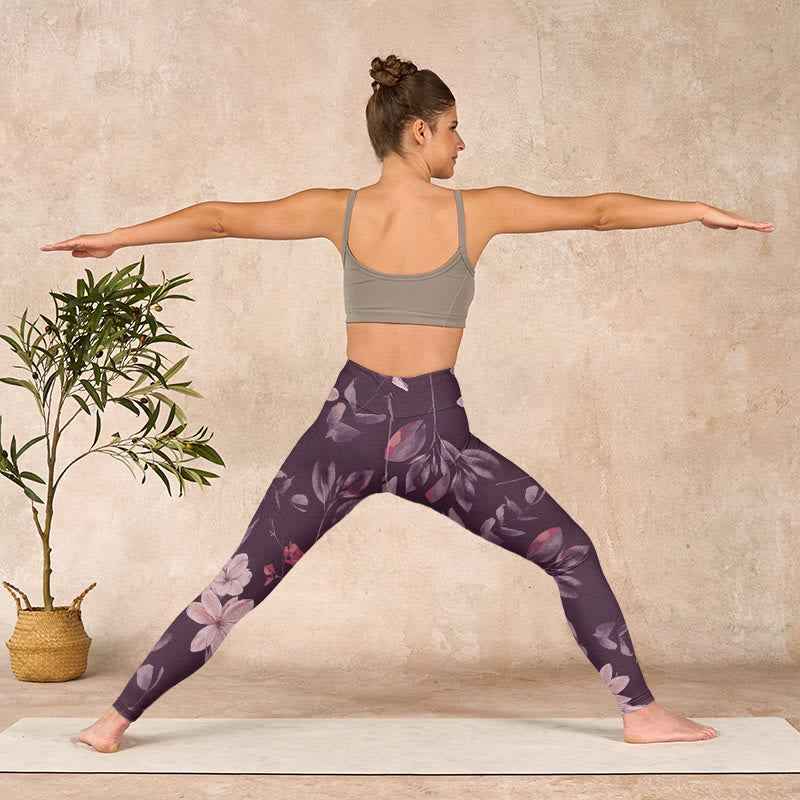 Nimara Ritual Purple White Flowers Leaves Blossom Print Gym Fitness Leggings Women's Yoga Pants
