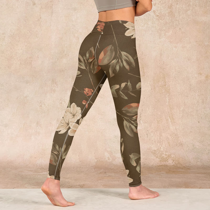 Nimara Ritual Purple White Flowers Leaves Blossom Print Gym Fitness Leggings Women's Yoga Pants