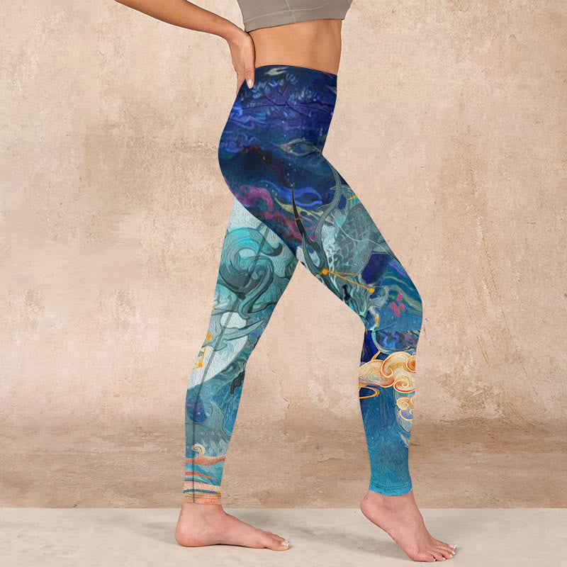 Nimara Ritual Blue Dragon Auspicious Clouds Print Gym Leggings Women's Yoga Pants