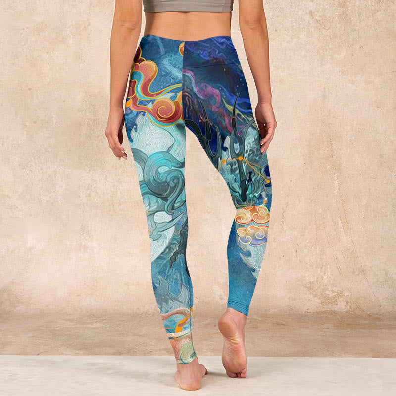Nimara Ritual Blue Dragon Auspicious Clouds Print Gym Leggings Women's Yoga Pants