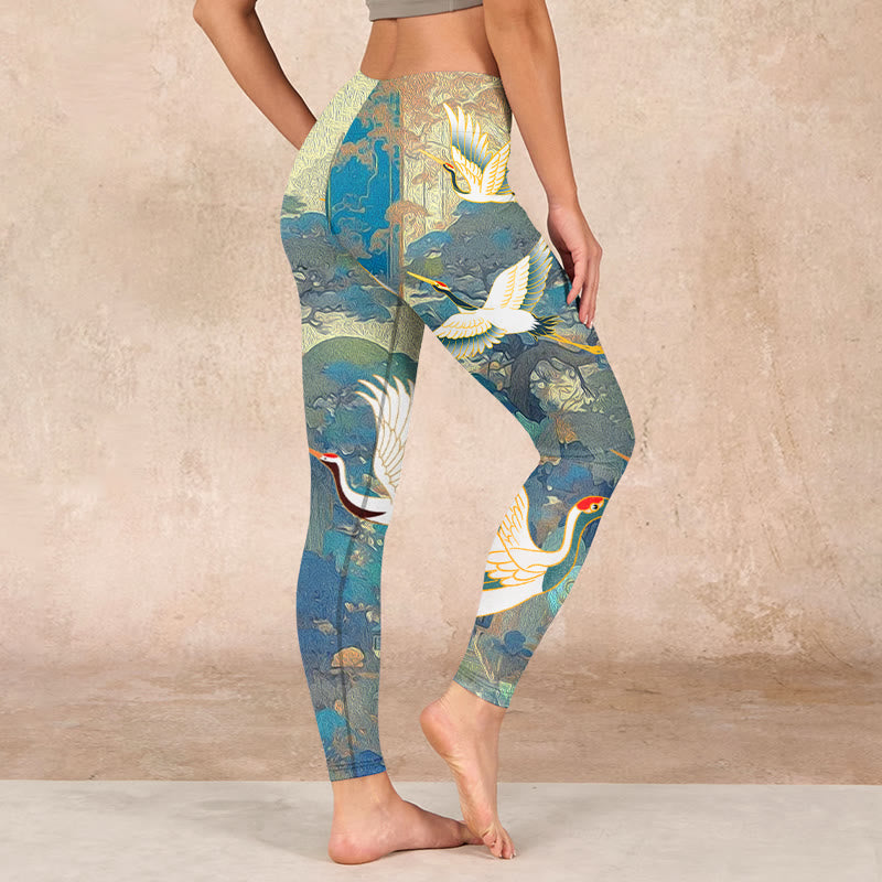 Nimara Ritual Blue Red-crowned Crane Pine Tree Print Gym Leggings Women's Yoga Pants