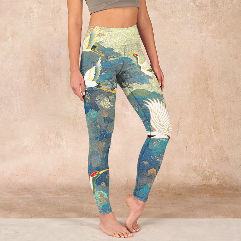 Nimara Ritual Blue Red-crowned Crane Pine Tree Print Gym Leggings Women's Yoga Pants