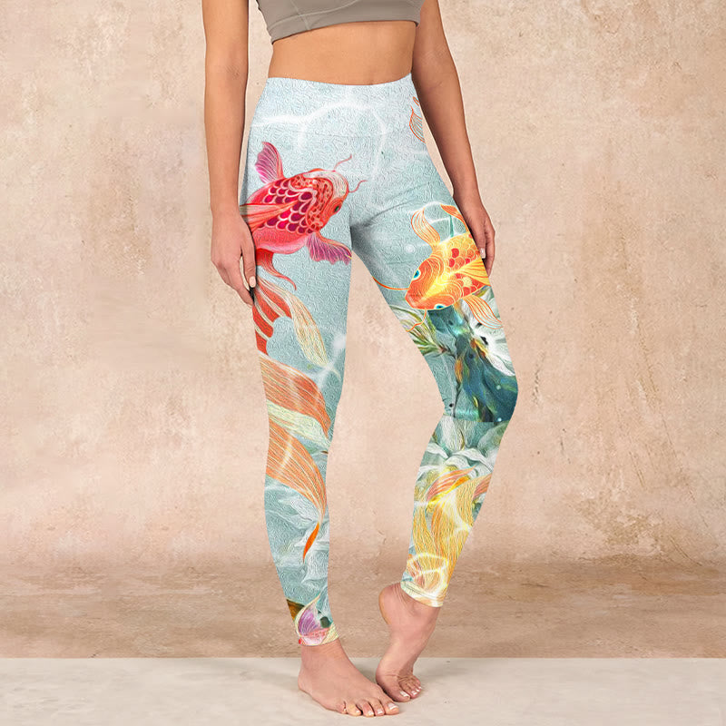 Nimara Ritual Green Koi Fish White Lotus Water Ripples Print Gym Leggings Women's Yoga Pants