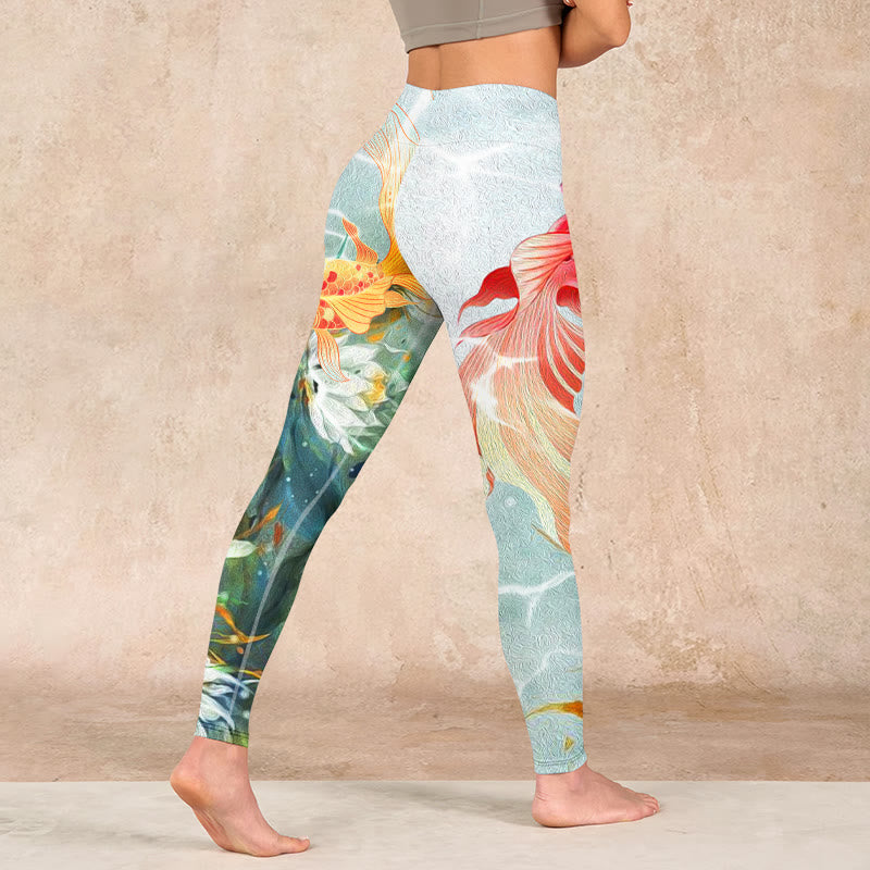 Nimara Ritual Green Koi Fish White Lotus Water Ripples Print Gym Leggings Women's Yoga Pants