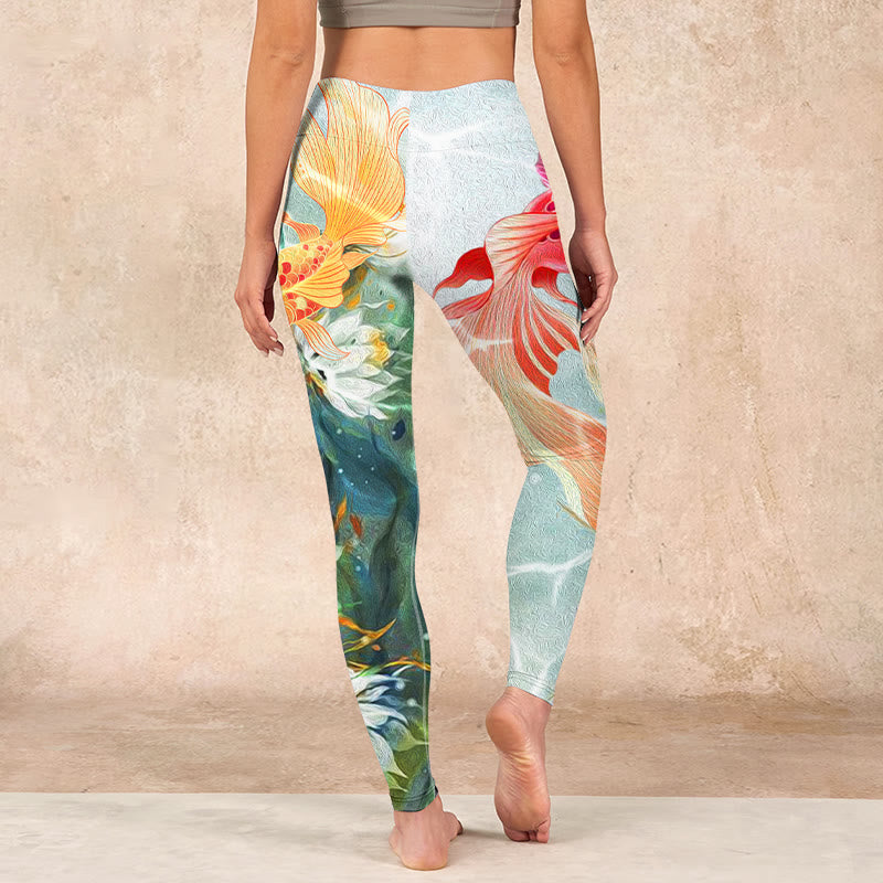 Nimara Ritual Green Koi Fish White Lotus Water Ripples Print Gym Leggings Women's Yoga Pants