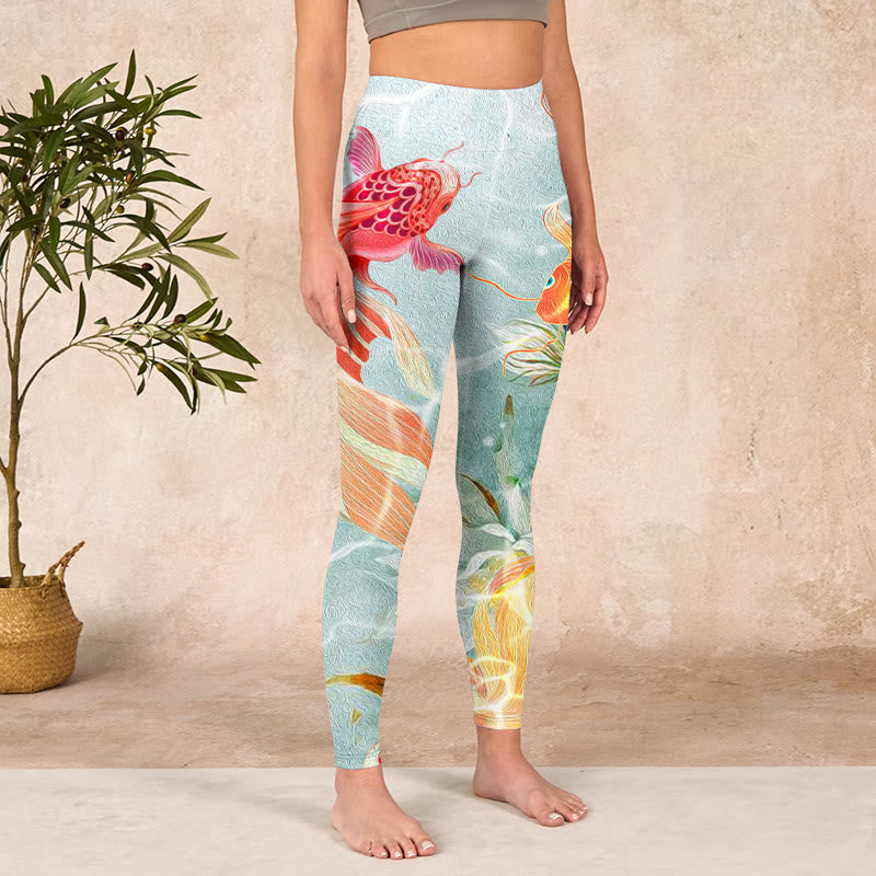 Nimara Ritual Green Koi Fish White Lotus Water Ripples Print Gym Leggings Women's Yoga Pants