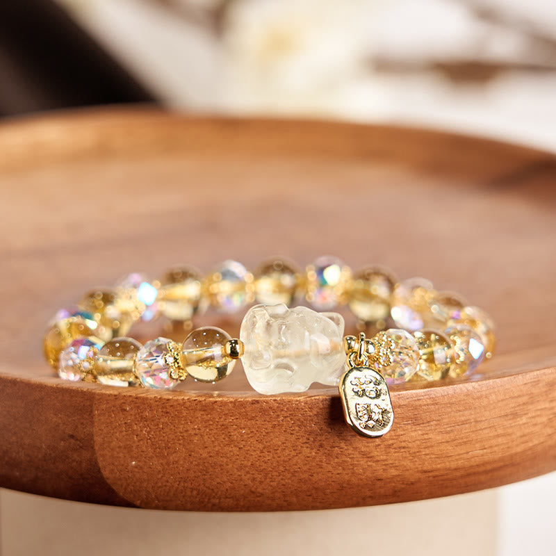 Nimara Ritual Natural Citrine White Crystal Nine Tailed Fox Attracting Wealth Charm Energy Bracelet