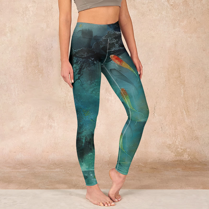 Nimara Ritual Pond Koi Fish Rocks Print Sports Leggings Women's Yoga Pants
