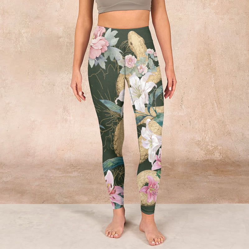 Nimara Ritual Green Golden Snake Lily Peony Flowers Print Gym Leggings Women's Yoga Pants
