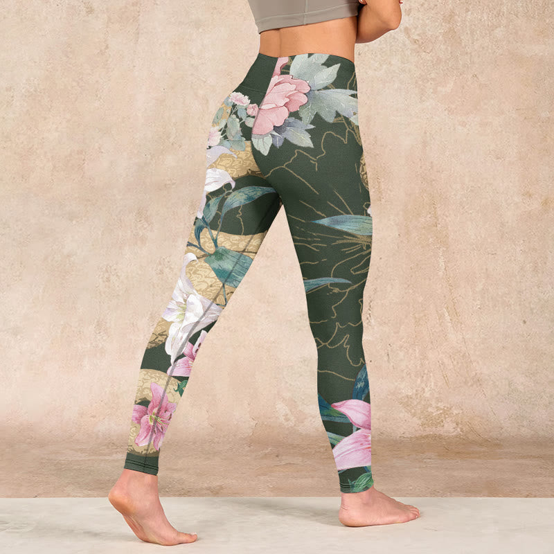 Nimara Ritual Green Golden Snake Lily Peony Flowers Print Gym Leggings Women's Yoga Pants