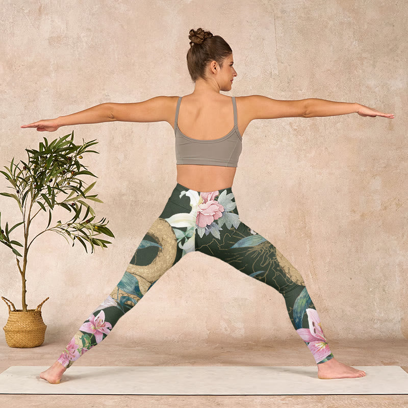 Nimara Ritual Green Golden Snake Lily Peony Flowers Print Gym Leggings Women's Yoga Pants