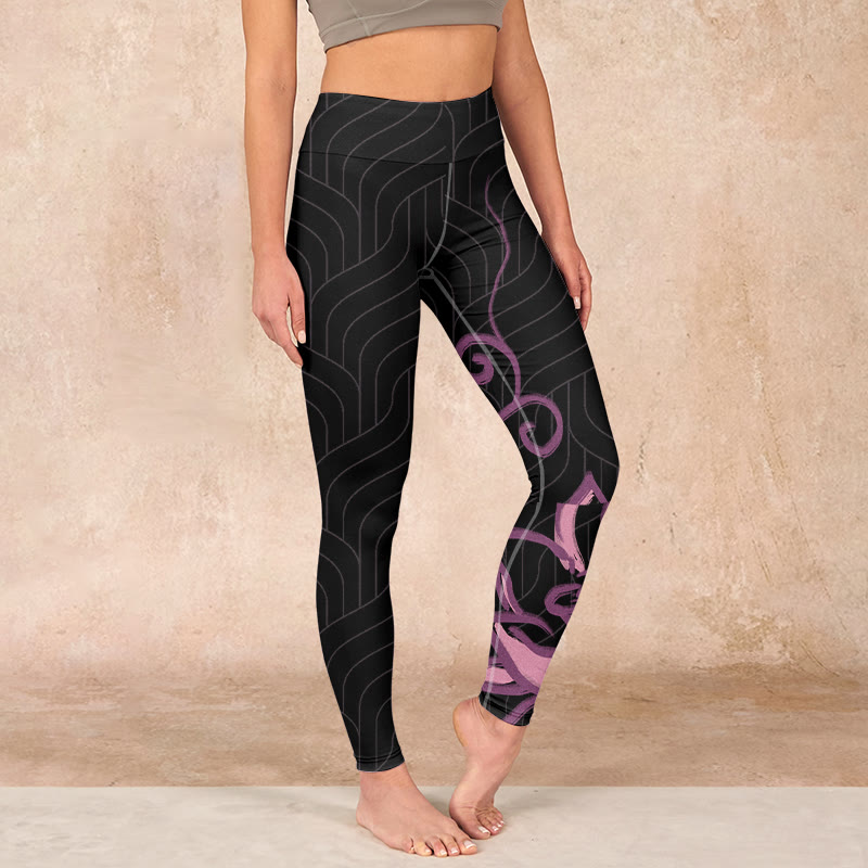 Nimara Ritual Black Pink Lotus Flower Print Gym Leggings Women's Yoga Pants