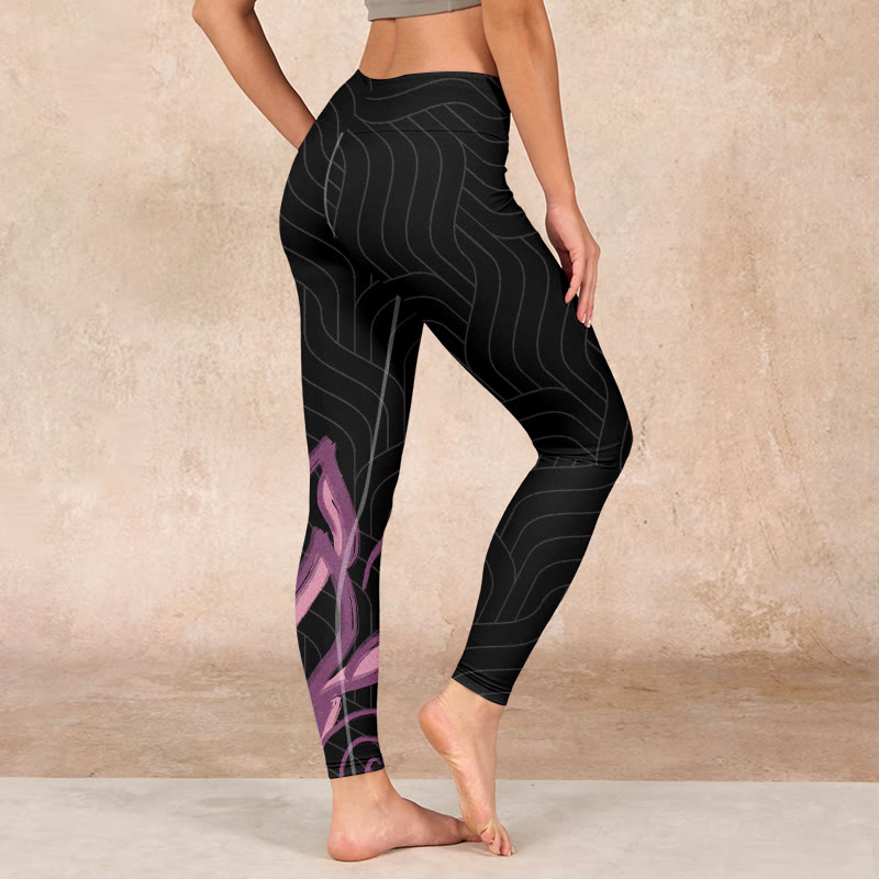 Nimara Ritual Black Pink Lotus Flower Print Gym Leggings Women's Yoga Pants