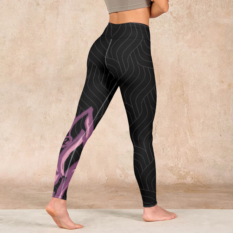 Nimara Ritual Black Pink Lotus Flower Print Gym Leggings Women's Yoga Pants