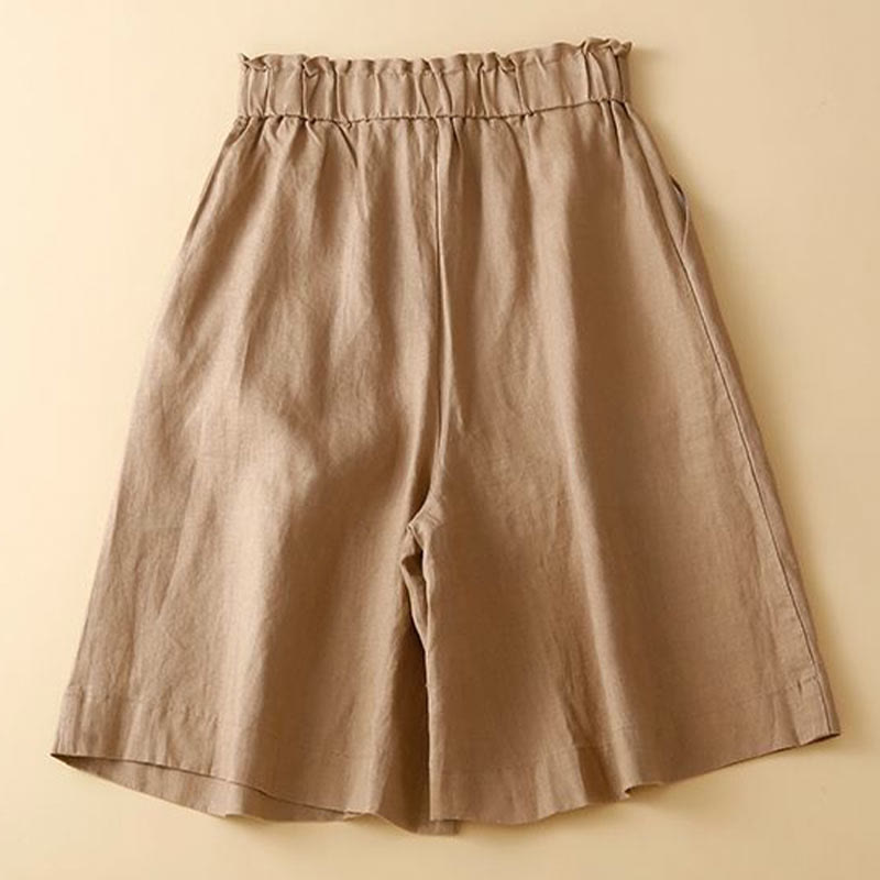 Nimara Ritual Plain Color Pleated Zipper Button Cotton Linen Women's Shorts With Pockets