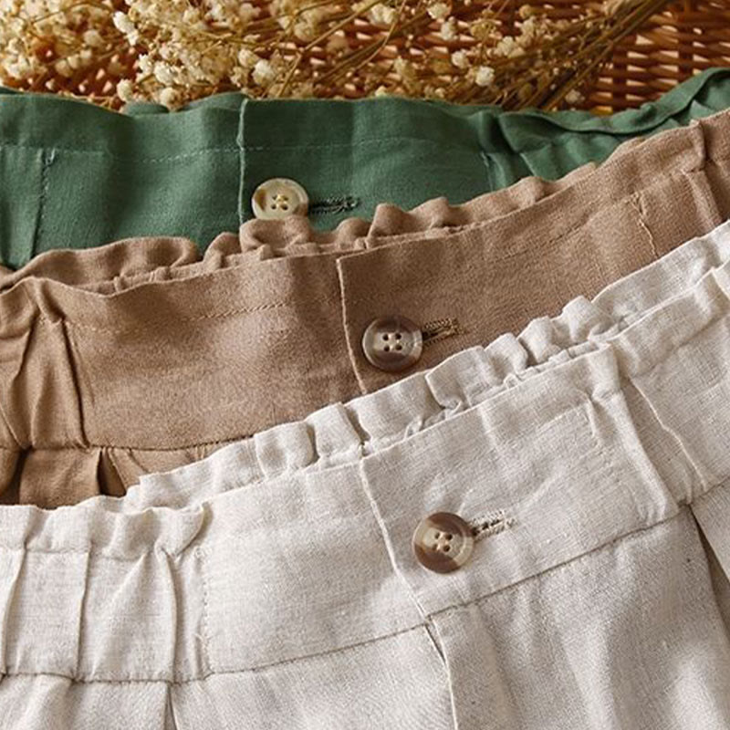 Nimara Ritual Plain Color Pleated Zipper Button Cotton Linen Women's Shorts With Pockets