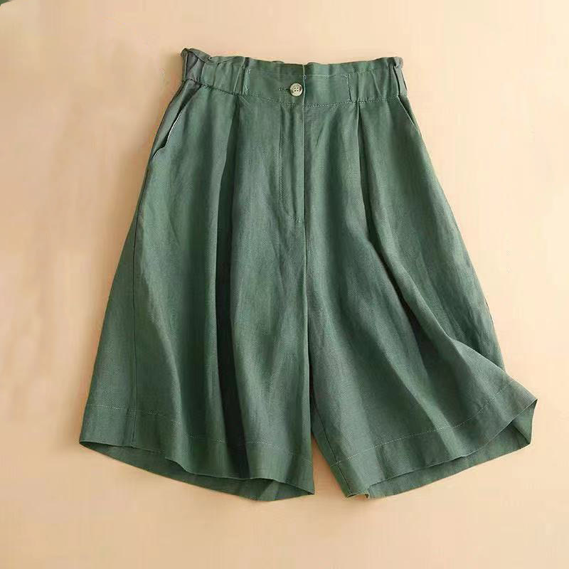 Nimara Ritual Plain Color Pleated Zipper Button Cotton Linen Women's Shorts With Pockets
