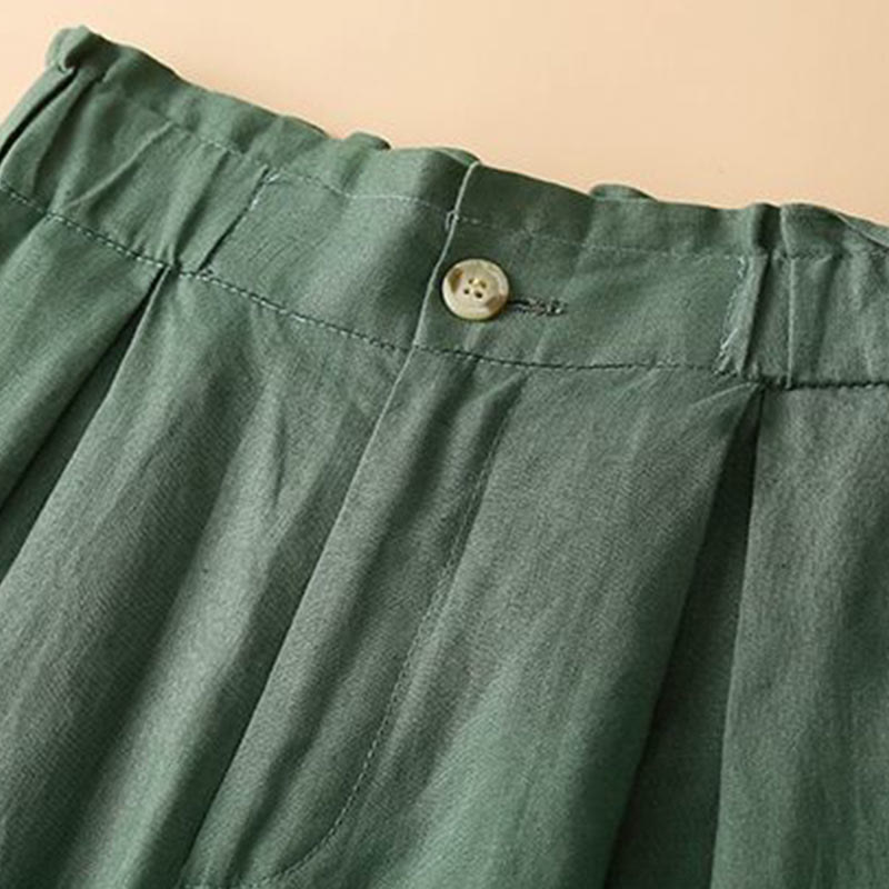 Nimara Ritual Plain Color Pleated Zipper Button Cotton Linen Women's Shorts With Pockets