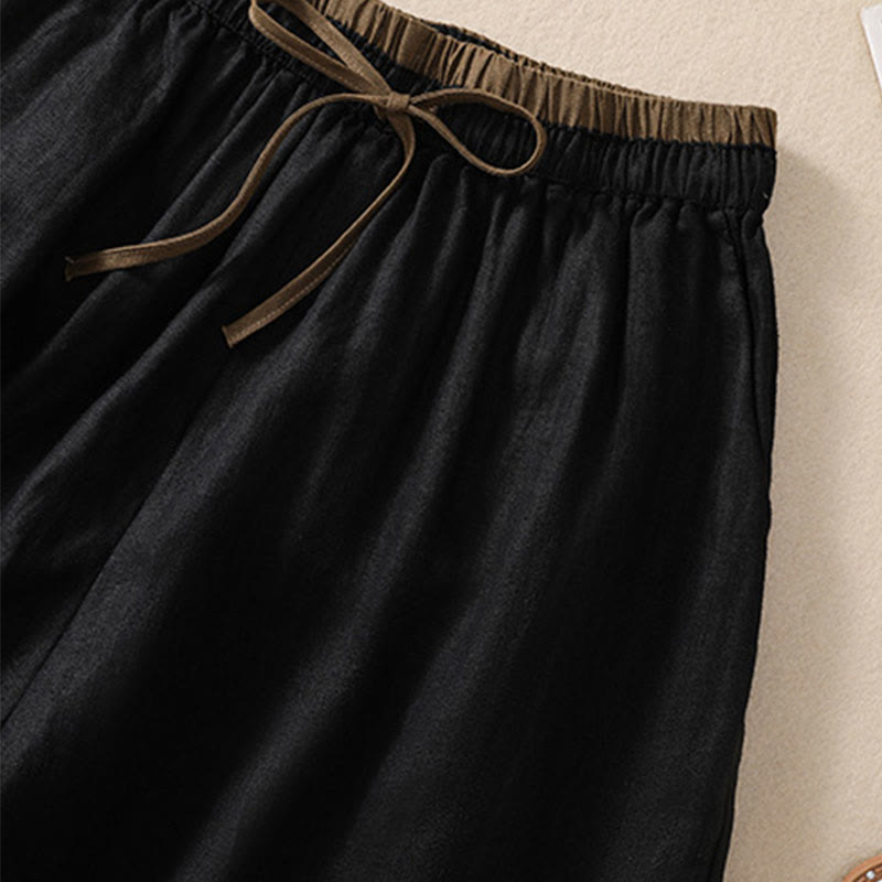 Nimara Ritual Solid Color Contrast Color Waist Lace-up Cotton Linen Women's Shorts With Pockets