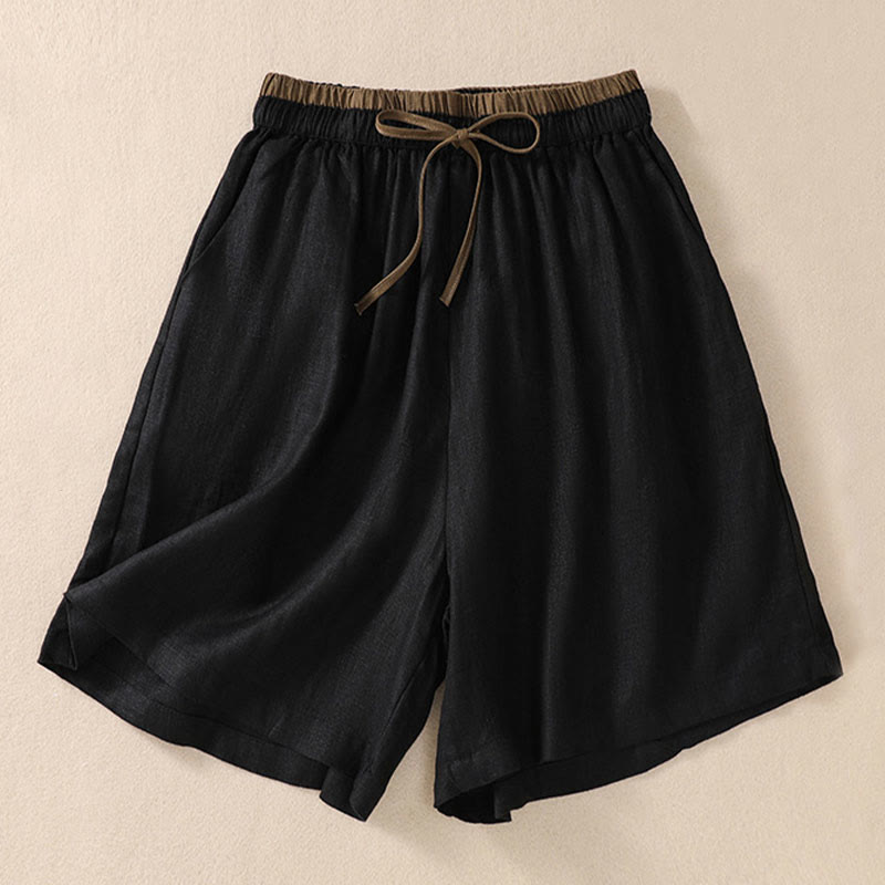 Nimara Ritual Solid Color Contrast Color Waist Lace-up Cotton Linen Women's Shorts With Pockets