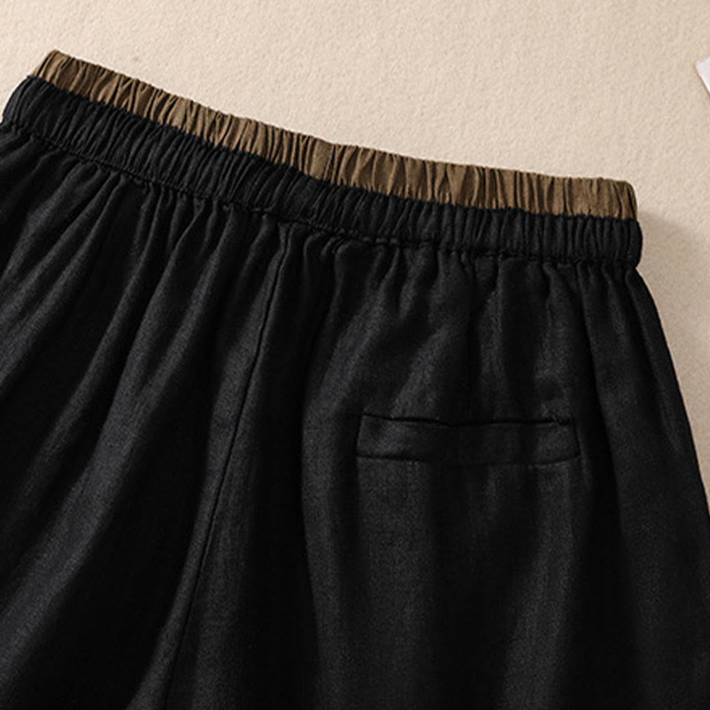 Nimara Ritual Solid Color Contrast Color Waist Lace-up Cotton Linen Women's Shorts With Pockets