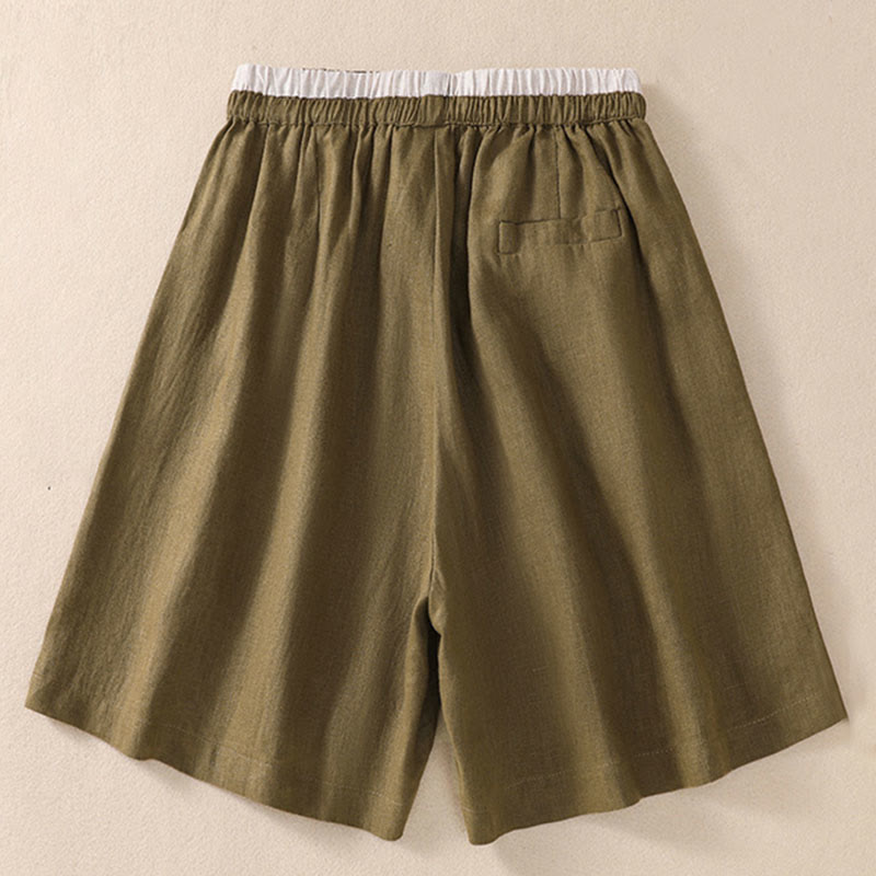 Nimara Ritual Solid Color Contrast Color Waist Lace-up Cotton Linen Women's Shorts With Pockets