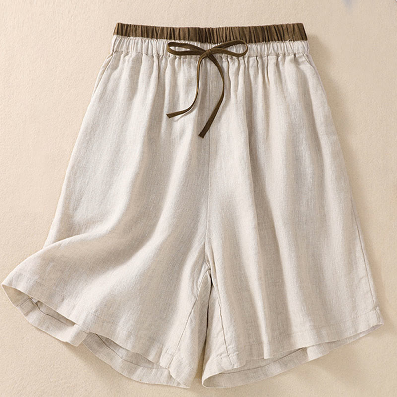 Nimara Ritual Solid Color Contrast Color Waist Lace-up Cotton Linen Women's Shorts With Pockets
