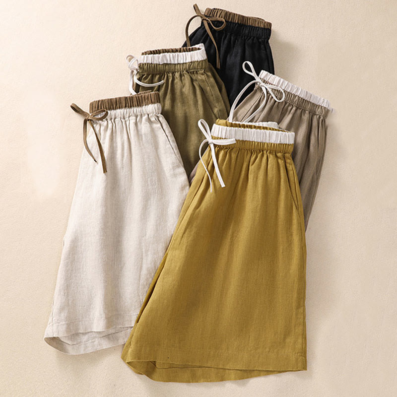 Nimara Ritual Solid Color Contrast Color Waist Lace-up Cotton Linen Women's Shorts With Pockets