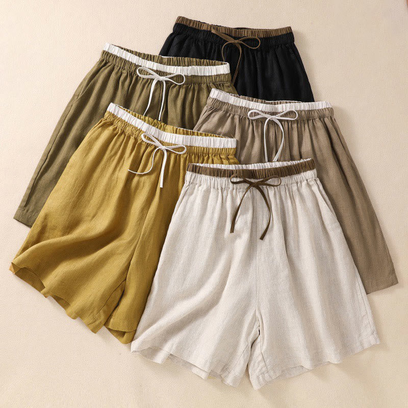 Nimara Ritual Solid Color Contrast Color Waist Lace-up Cotton Linen Women's Shorts With Pockets