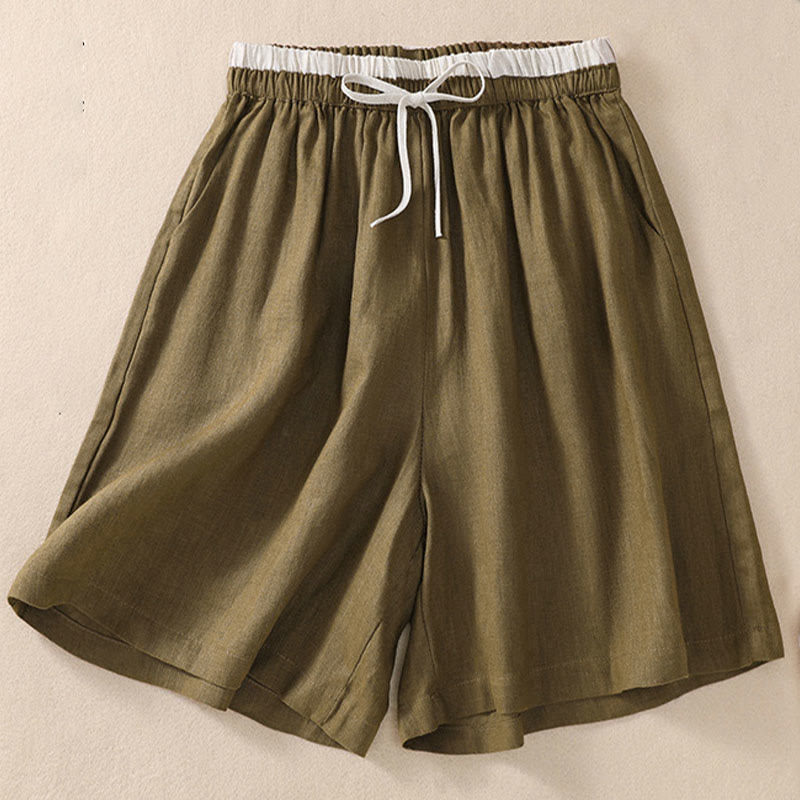 Nimara Ritual Solid Color Contrast Color Waist Lace-up Cotton Linen Women's Shorts With Pockets